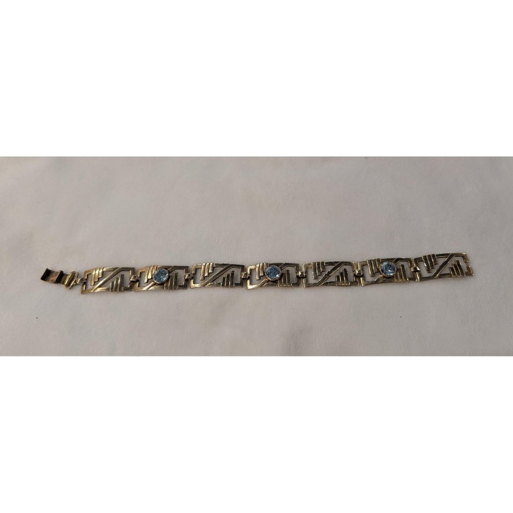 Vintage Symmetalic Sterling 14K Gold Vermeil Blue Topaz Art Deco Link Bracelet